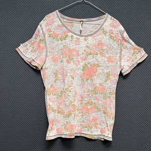 Free People Floral Short Sleeve Tee in Light Gray and Coral